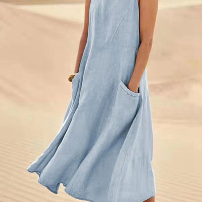 Robe d'été décontractée en lin de couleur unie pour femme