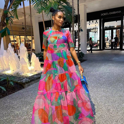 Robe longue bohème en maille à imprimé floral et feuilles pour femme, idéale pour les vacances d'été