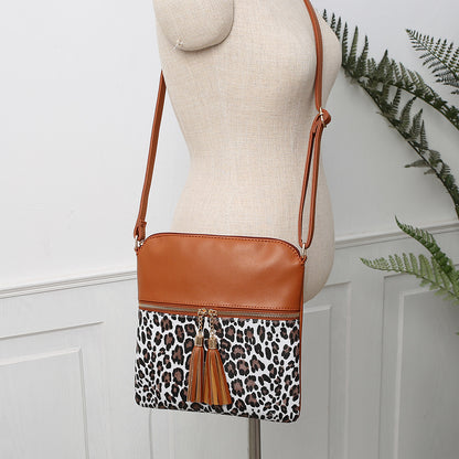 Women Contrast Color Leopard Tassel Bag