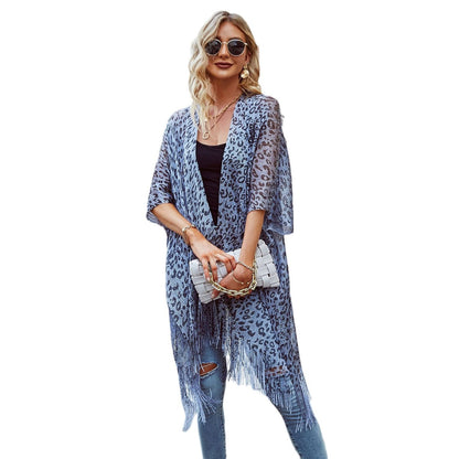Blusa de leopardo estilo verano para mujer, con borlas de cebra huecas, para playa