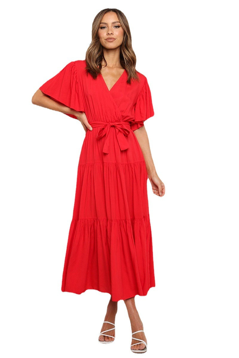 Summer Women Fashion Bohemian Style V-Neck Short Sleeve Maxi Dress
