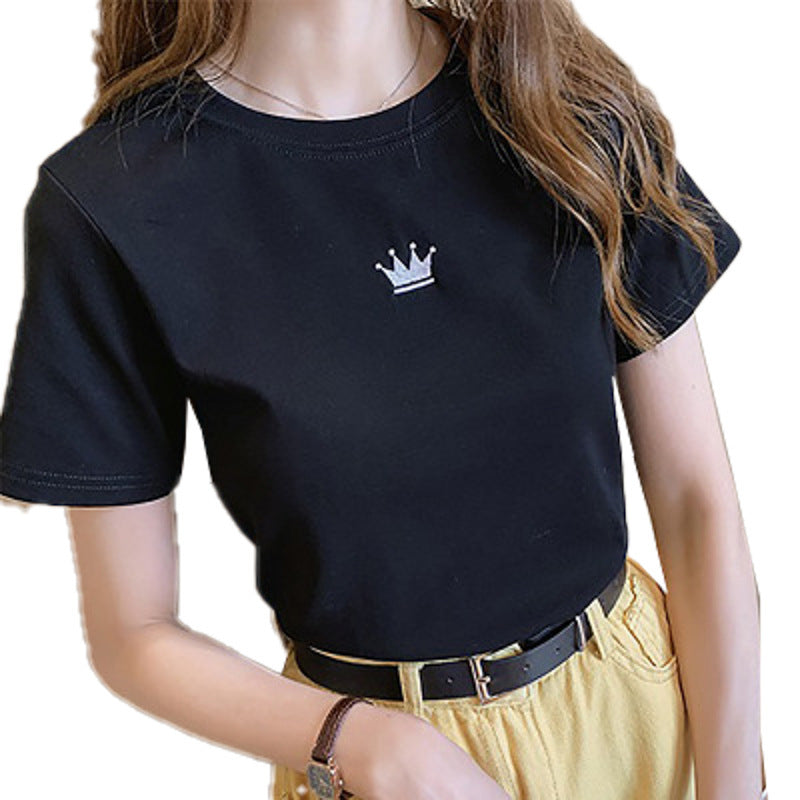 Women Fashion Casual Solid Color Embroidered Crewneck T-Shirt