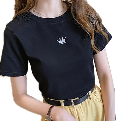 Women Fashion Casual Solid Color Embroidered Crewneck T-Shirt