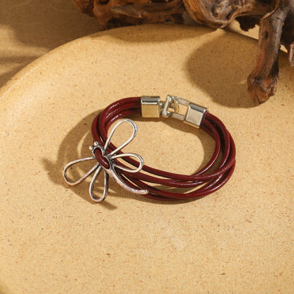 Women Fashion Retro Craft Rope Multi Layer Alloy Hollow Dragonfly Bracelet