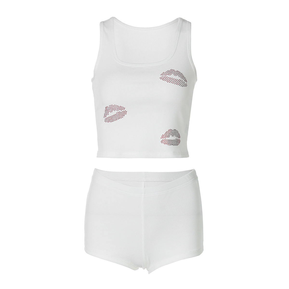Conjunto de dos piezas de camiseta sin mangas y pantalones cortos ajustados con estampado de labios y diamantes de imitación de color liso para mujer