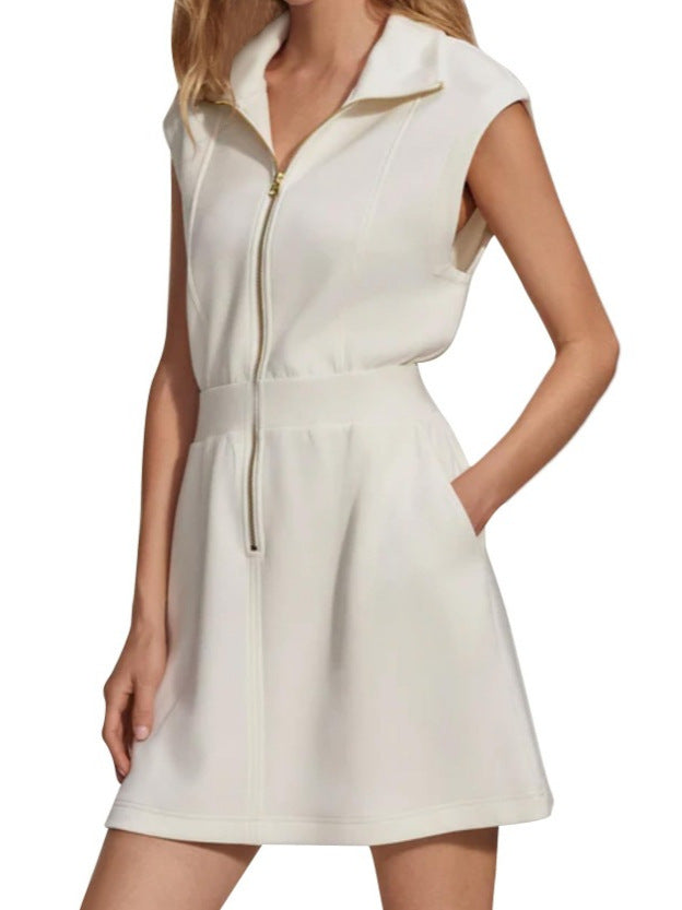 Women Casual Solid Color Sleeveless Dress with Lapel Zipper Pockets