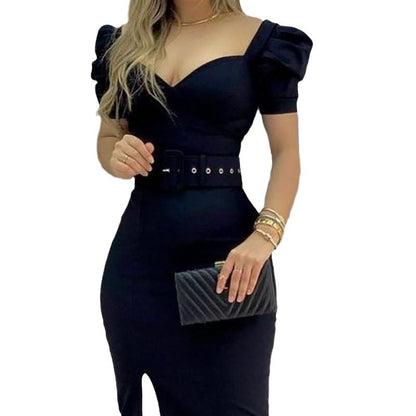 Vestido midi elegante con cuello cuadrado y mangas abullonadas para mujer