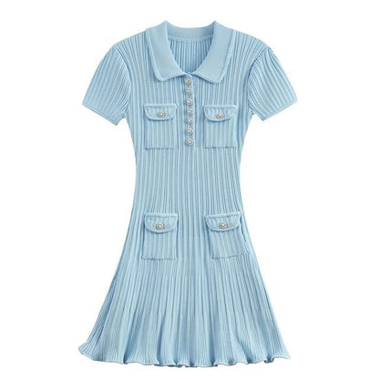 Women Elegant Solid Color Short Sleeve Polo Dress