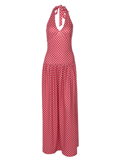 Women Fashion Sexy Polo Dot Printed V Neck Dress with Lace Up