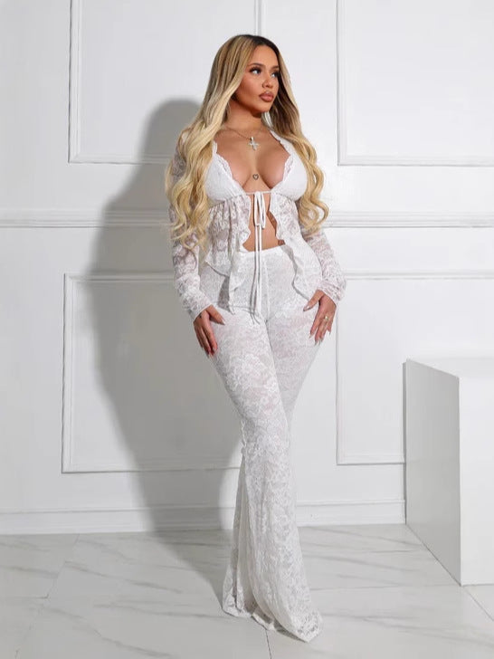 Conjunto de top de manga larga y pantalón ajustado con encaje calado para mujer