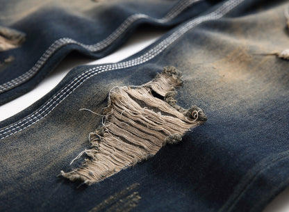 Men Casual Ripped Straight Slim Fit Cotton Jeans