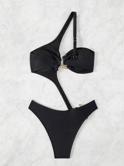 Traje de baño de una pieza con conexión metálica de color sólido sexy para mujer