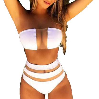 Conjunto de traje de baño de malla de color sólido sexy para mujer de verano