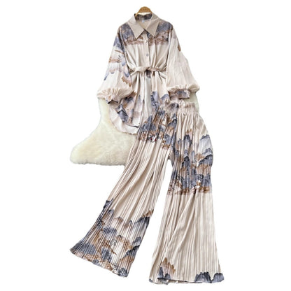 Women Casual Printed Blouse and Wide Leg Pants Set