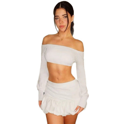 Women Fashion Solid Color Shoulder Long Sleeve Top And Skirt Two-Piece Set