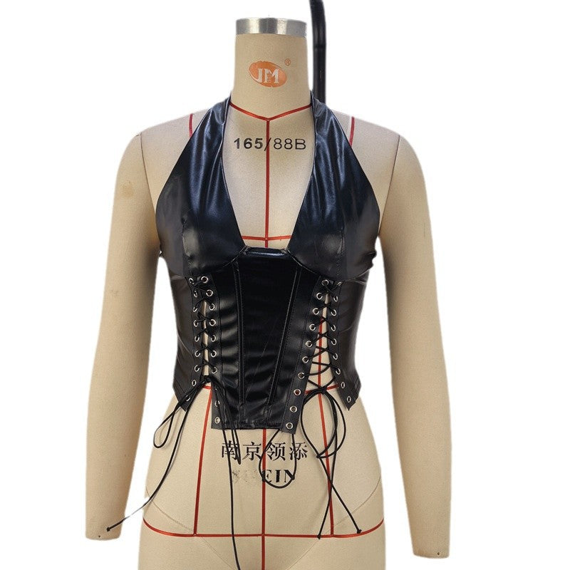 Women Sexy Fashion PU Leather Halter Neck Tight Waist Zipper Top