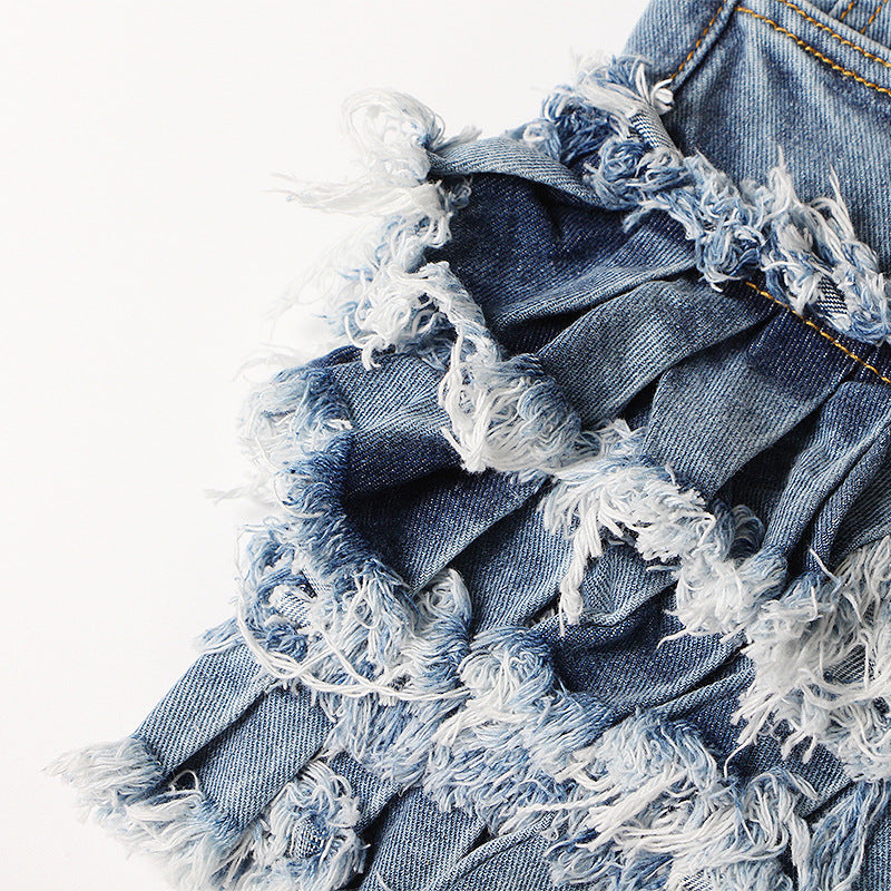 Women Fashion Wood-Ear Stitching High Waist Denim Shorts