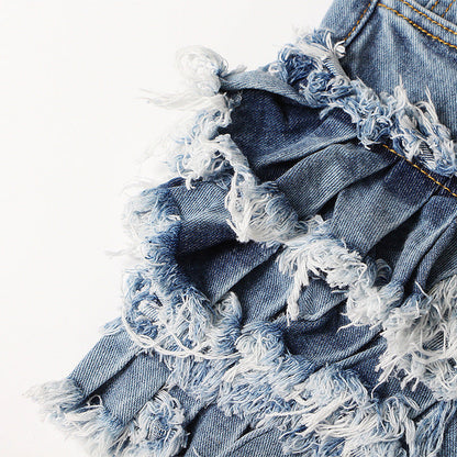 Women Fashion Wood-Ear Stitching High Waist Denim Shorts