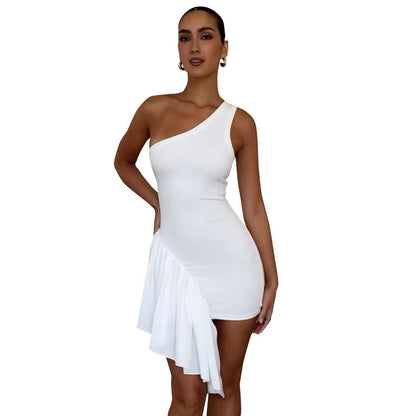 Women Sexy Solid Color Slant Shouldered Ruffle Dress