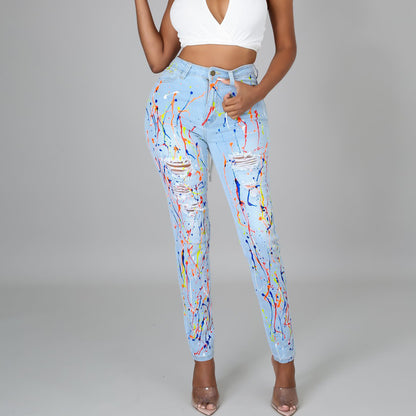 Vaqueros de algodón rasgados con estampado multicolor informal para mujer