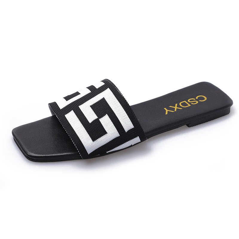 Casual Square-Toe Flat Slippers with Artificial PU Upper