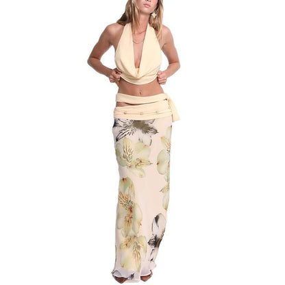 Vestido largo estampado con cuello en V y espalda descubierta sexy para mujer