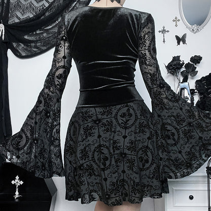 Robe floquée à manches longues de style gothique pour femme