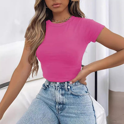 T-shirt d'été à manches courtes et col rond pour femme, couleur unie, à la mode