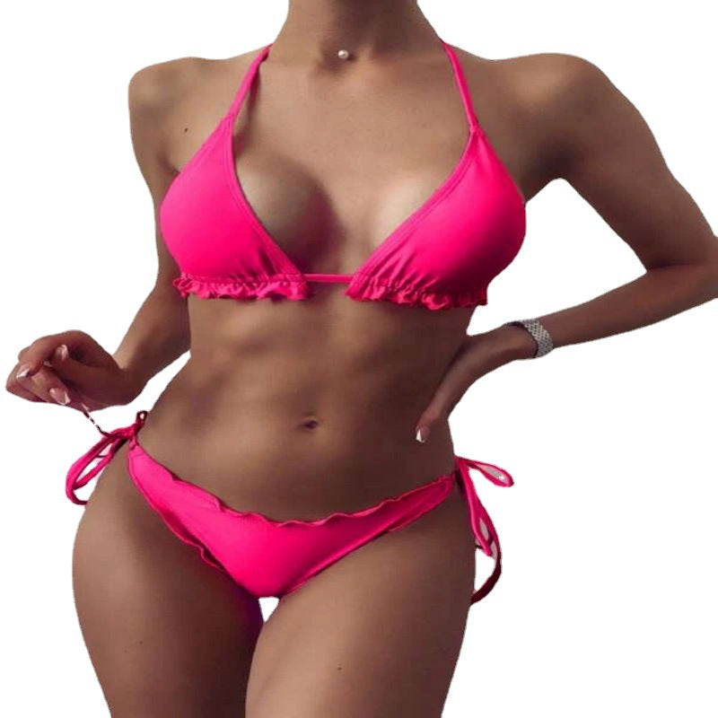 Traje de baño de bikini estilo halter con volantes de color liso para mujer