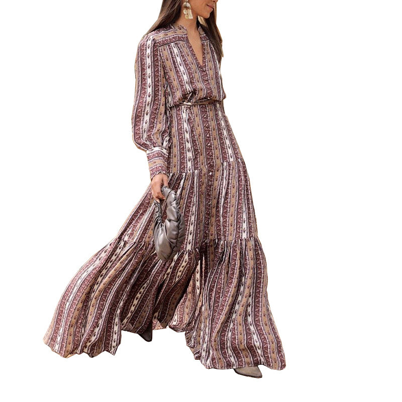 Women Fashion Elegant Boho Printed Long Sleeve Dress
