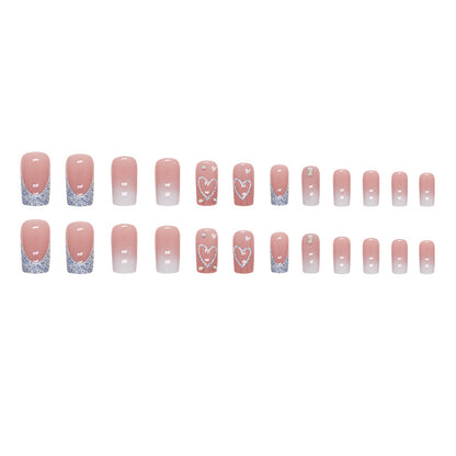 Faux ongles mi-longs carrés et brillants à paillettes, motif cœur blanc dégradé, style French manucure