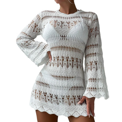Vestido playero de punto calado de color liso a la moda para mujer