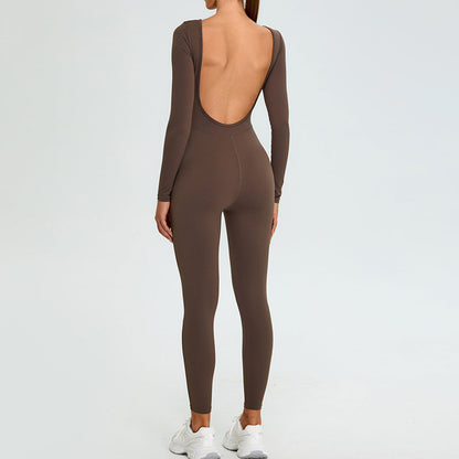 Women Fashion Solid Color Long-Sleeved Yoga Jumpsuits