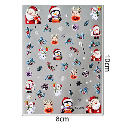 Pegatinas para uñas con relieve navideño de Papá Noel, muñeco de nieve y copos de nieve