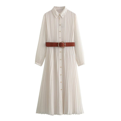 Vestido camisero plisado midi con cinturón de moda informal de verano para mujer