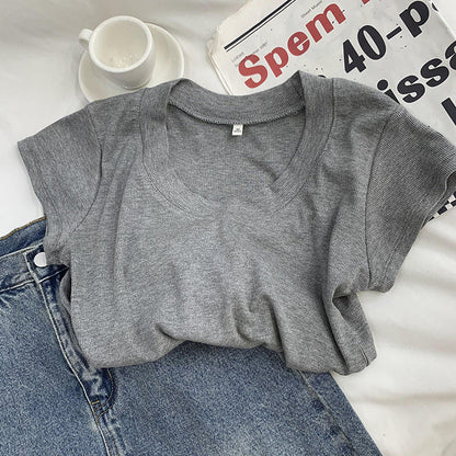 Camiseta sencilla de manga corta con cuello en U y hilo de color liso para mujer