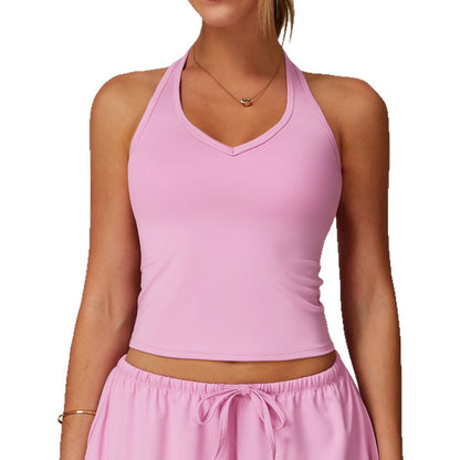 Camiseta de yoga informal sin espalda de color sólido para mujer