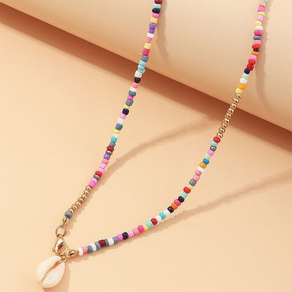 Collar bohemio de conchas de doble capa con mini cuentas multicolores