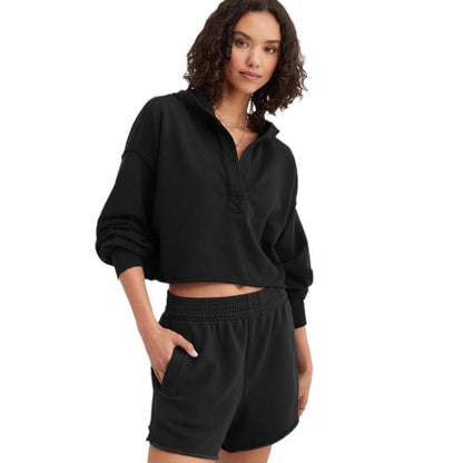 Women Solid Color V-Neck Long Sleeve Hoodies with Loose Fit