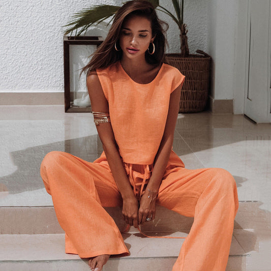 Women Fashion Solid Color Cotton Linen Two-Piece Set