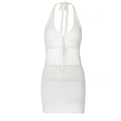 Women Fashion Sexy Solid Color Knitted Hollow-Out V-Neck Dress