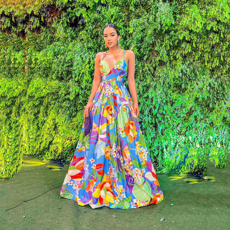 Summer Women Vacation Floral Print Large Swing Suspenders Maxi Dress