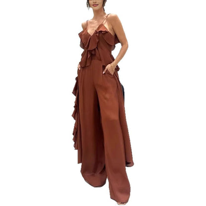 Summer Women Fashion Solid Color Chiffon Ruffled Top and Pants Two-Piece Set