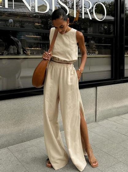 Women Sleeveless Casual Cotton Linen Two-Piece Set with Side Slits