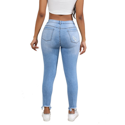 Jean extensible déchiré à taille haute pour femme