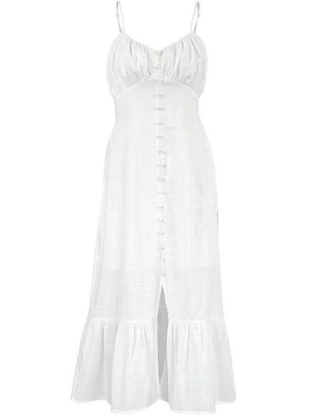 Vestido sexy de lino y algodón liso con tirantes finos y abertura para mujer