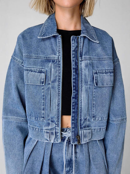 Women Fashion Casual Denim Lapel Long Sleeve Zipper Coat Two-Piece Set