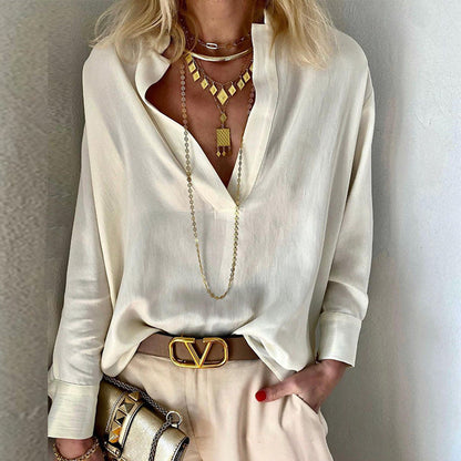 Camisa de manga larga con cuello de color liso a la moda para mujer
