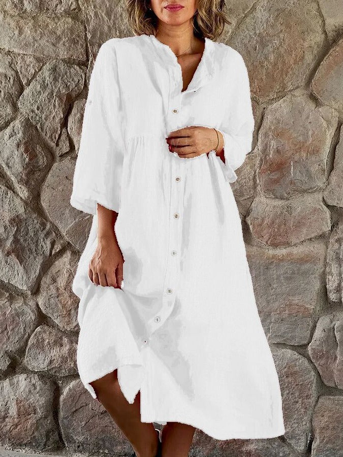 Robe chemise boutonnée décontractée en coton et lin pour femme, couleur unie