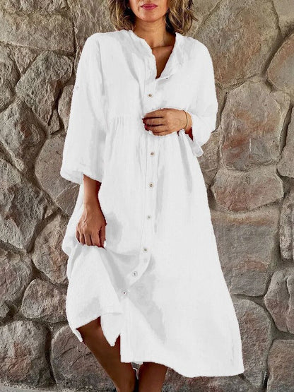 Robe chemise boutonnée décontractée en coton et lin pour femme, couleur unie
